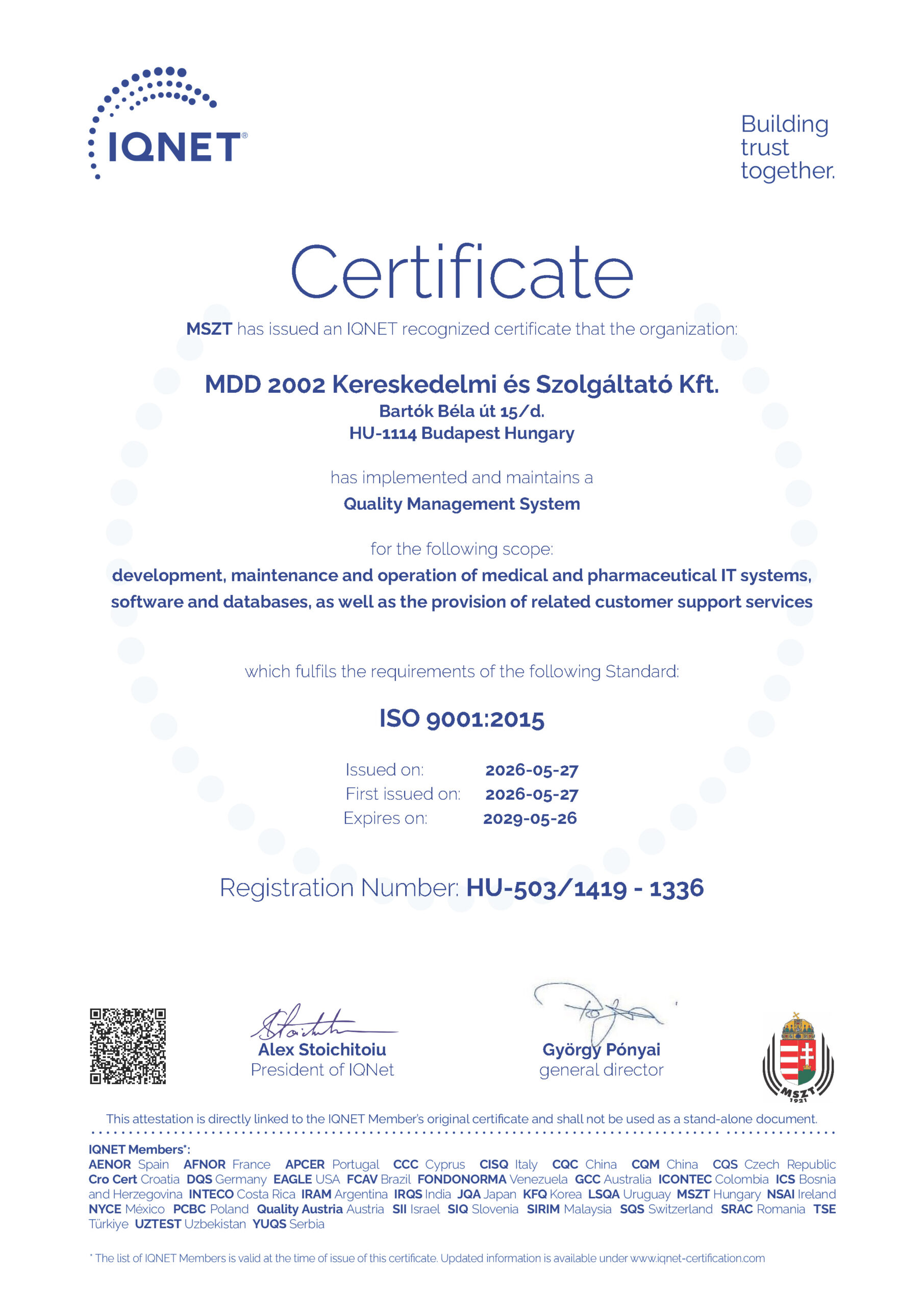 IQNET ISO 9001:2015 tanúsítvány