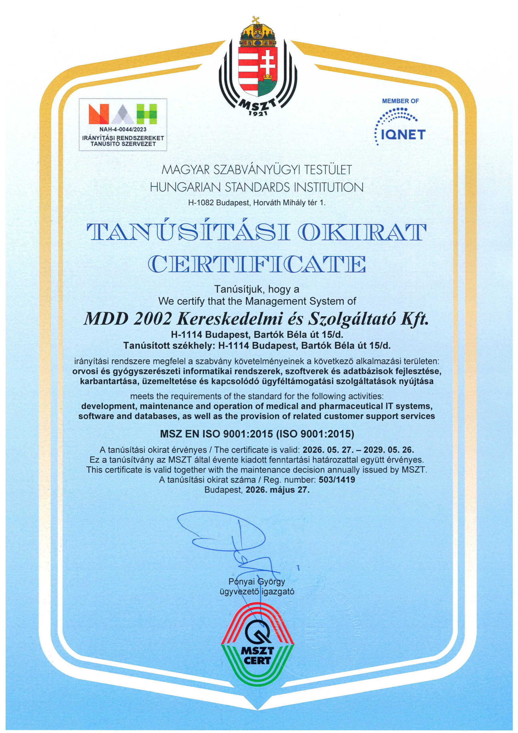 MSZT ISO 9001:2015 tanúsítvány